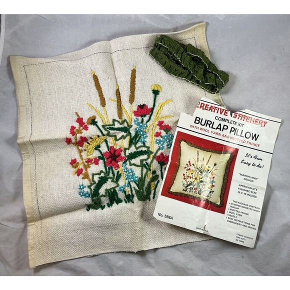 Crewel Marshland White Burlap Pillow Kit Started Unfinished Creative Stitchery - Picture 2 of 8